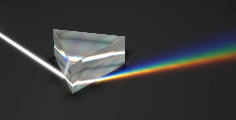 Obrazek przestawia pryzmat - kawałek szkła o kształcie prostopadłościanu z trójkątną podstawą, wraz z wiązką padającego nań białęgo światła rozdzielanego po drugiej stronie pryzmatu na wiązkę o kolorach tęczy.