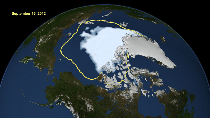 Klimat 2012: zasięg lodu morskiego w minimum. Zdjęcie przedstawia kulę Ziemską widzianą znad bieguna północnego. 