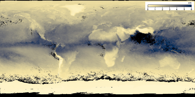 Mapa świata z zaznaczonymi kolorowo zawartościami pary wodnej w atsmoferze.
