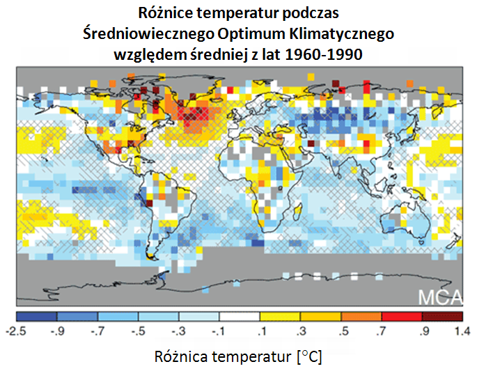 Odtworzone różnice temperatury powierzchni Ziemi dla Średniowiecznego Optimum Klimatycznego 