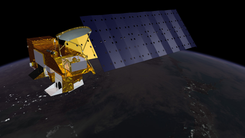 Obraz przedstawia sztucznego satelitę na orbicie Ziemi.