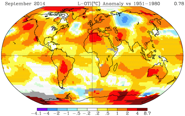 Wrześniowe odchylenie temperatury powierzchni Ziemi 2014