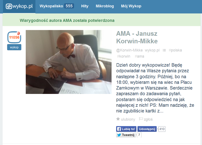 Sesja AMA - Janusz Korwin Mikke - zrzut ekranu z serwisu Wykop