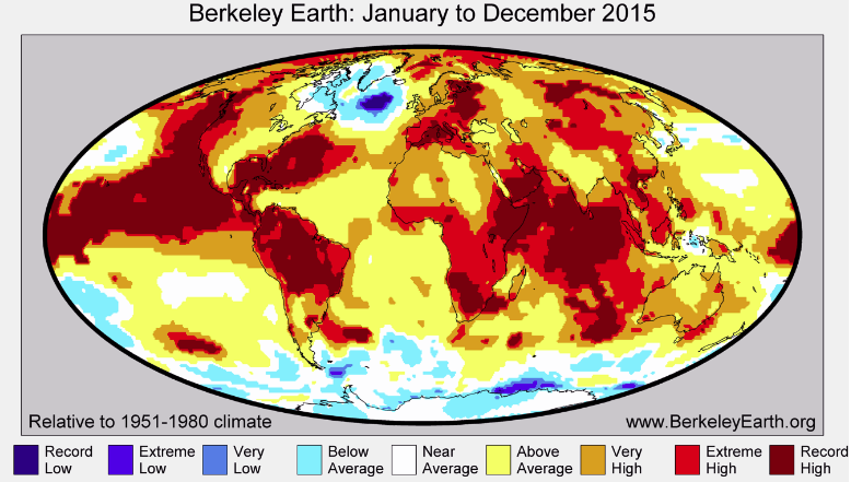Mapa anomalii temperatury w 2015 roku względem średniej z lat 1951-1980. Dane Berkeley Earth.