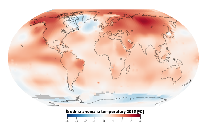 Klimat 2015. Mapa anomalii temperatury na świecie w 2015 roku