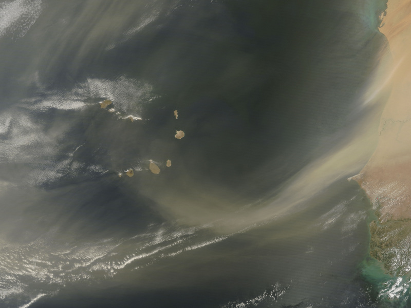 Zdjęcie satelitarne: pył pustynny czy też piasek wywiewany z Sahary nad Atlantyk. Widać żółtawą smugę na tle oceanu. 