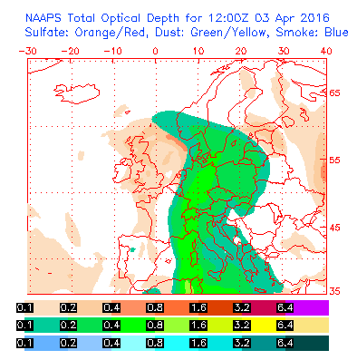 Mapa pokazująca przykładową prognozę rozprzestrzeniania się pyłu nad Europą. 