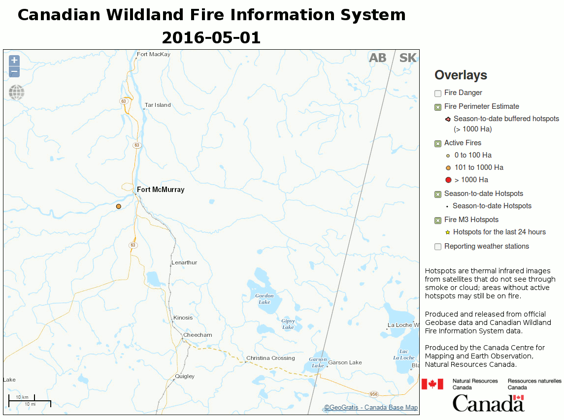 Animowana mapa pokazująca aktywne pożary w maju 2016 w okolicach Fortu McMurray.