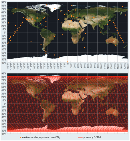 Dwie mapy świata, na gónej pojedyncze kropki, na dolnej - regularne, gęsto położone, rónoległe prążki