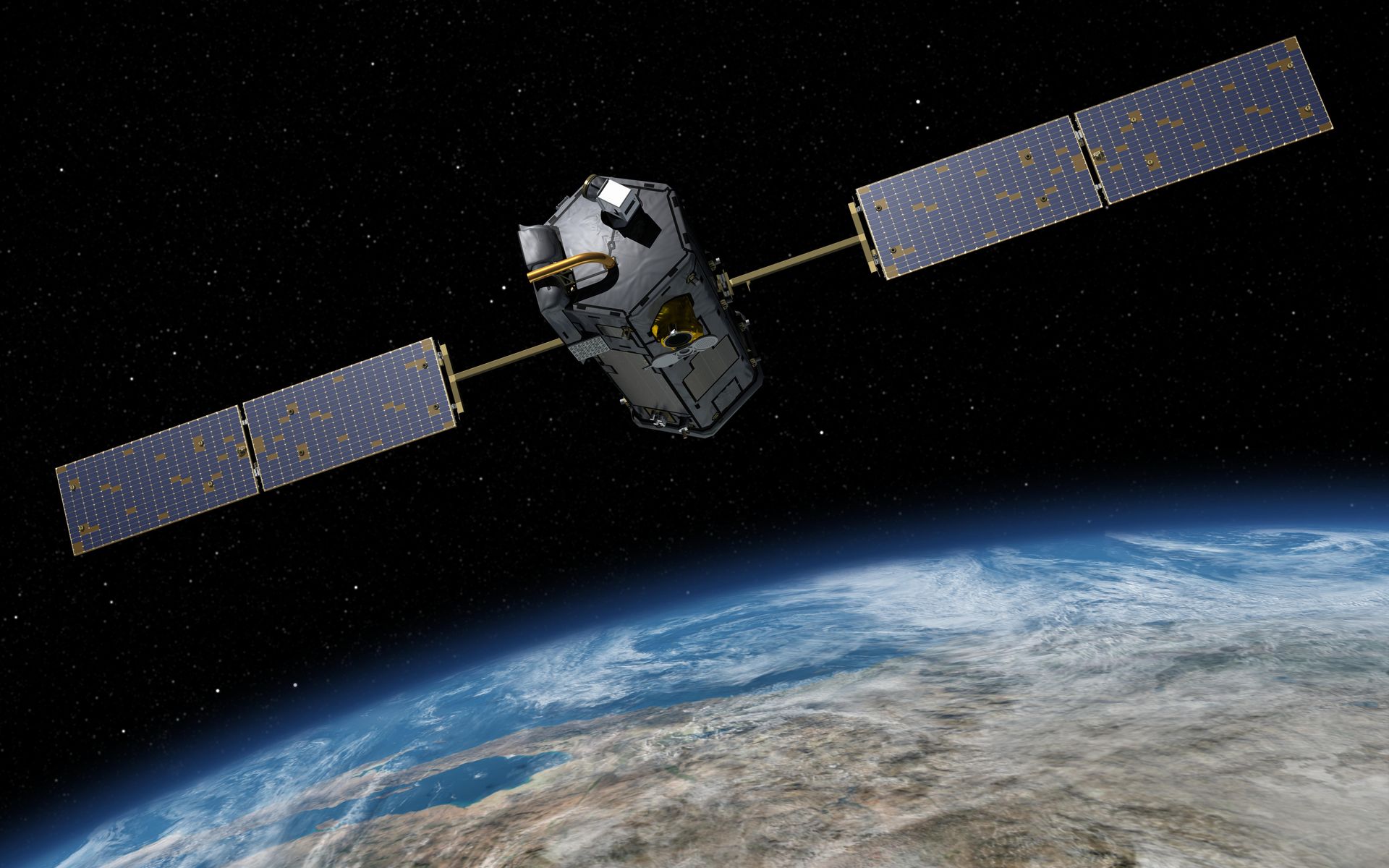 Ilustracja przedstawia satelitę z dwoma podłużnymi bateriami słonecznymi, poniżej fragment kuli ziemskiej