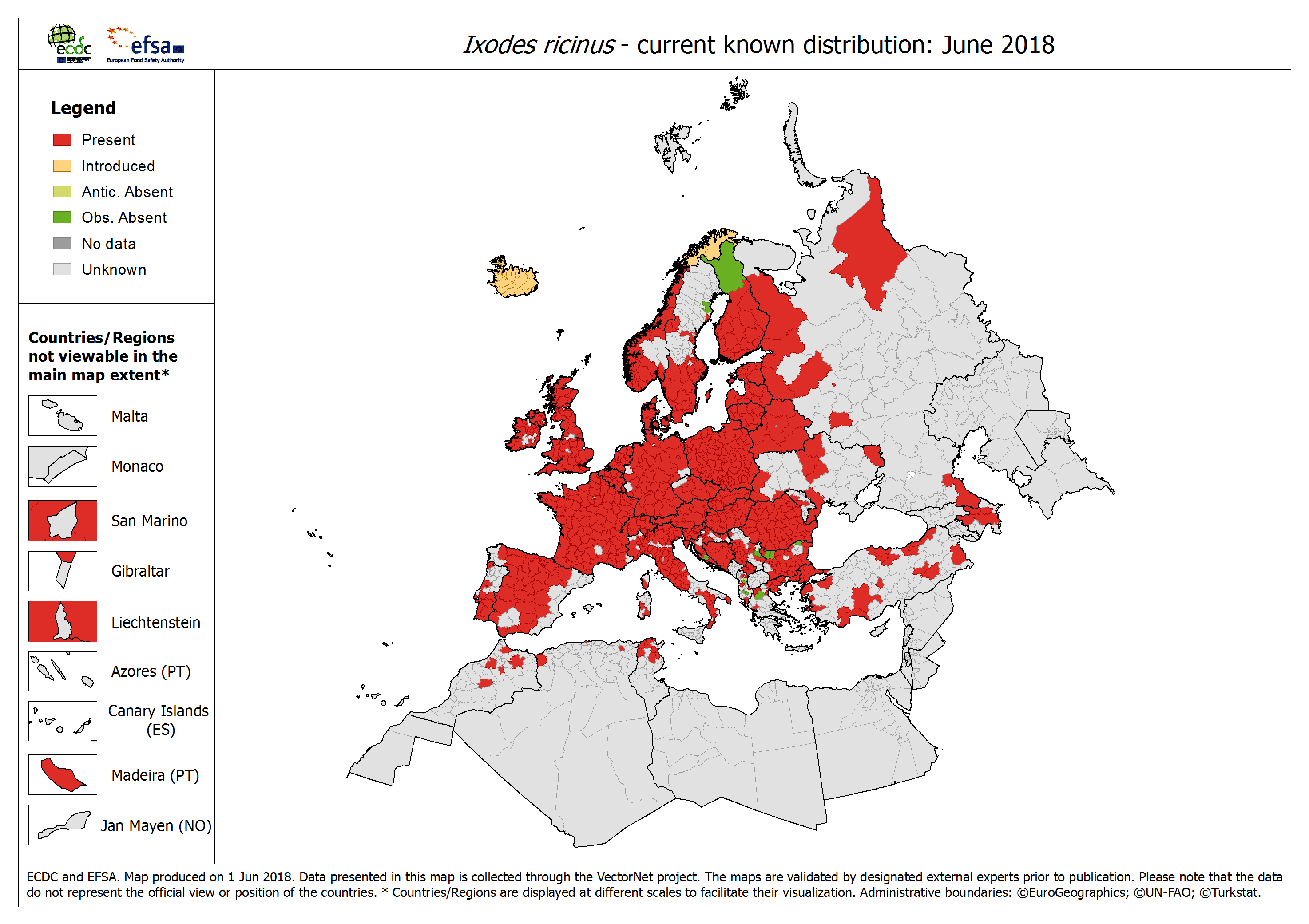 Mapa - zasięg występowania kleszczy pospolitych w Europie