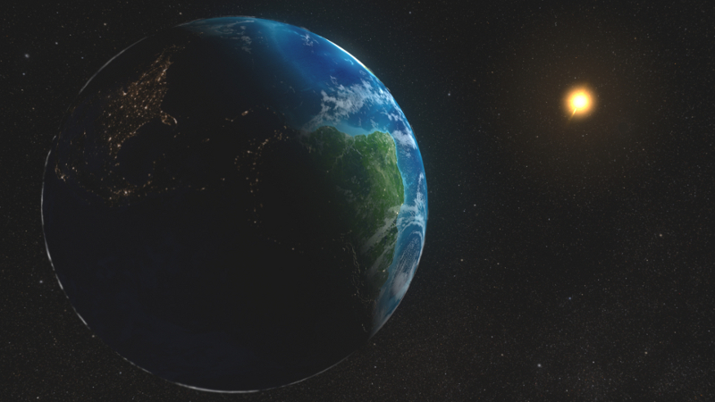 Grafika przedstawiająca kosmos z wielką częściowo oświetloną Ziemią na pierwszym planie i małym, jasnym Słońcem w tle.