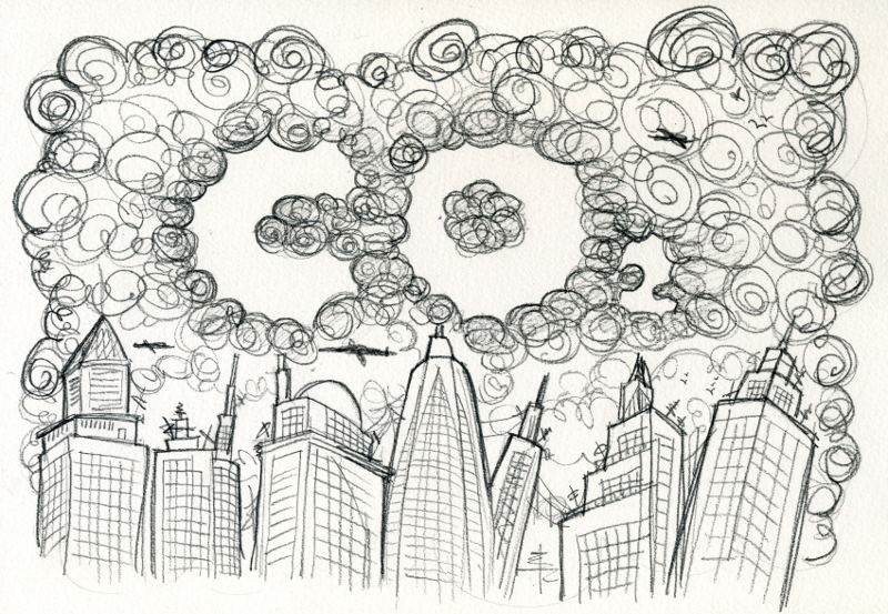 Obrazek przedstawie szkic miasta z unoszącymi się nad nim kłębami dymu, w których wytarty na biało widnieje napis CO2.