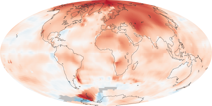 Arktyczne wzmocnienie: mapa świata pokazująca wzrost temperautry, największe wartości widoczne są w Arktyce.