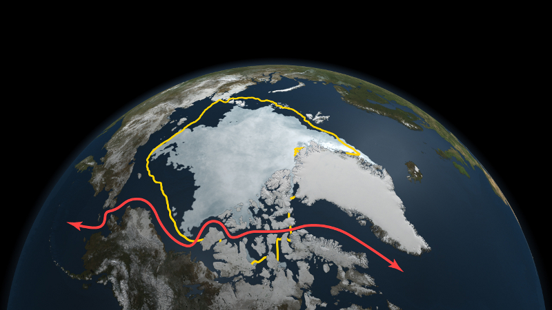 Ilustracja przedstawia kulę ziemską, biegun północny z płatem lodu arktycznego. Strzałką zaznaczono otwarte przejście północno-zachodnie między lodem a Ameryką północną.
