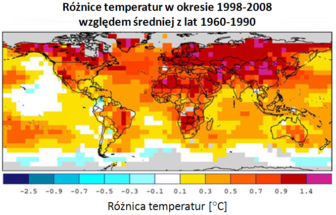 Różnice temperatury powierzchni Ziemi dla okresu 1999-2008 w odniesieniu do okresu bazowego 1961-1990.
