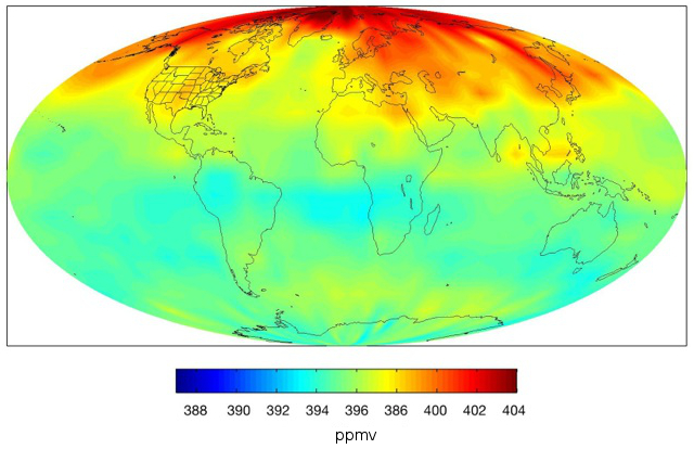 Kula ziemksa z zaznaczonymi średnimi koncentracjami dwutlenku węgla