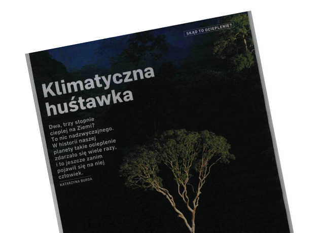 Fragment strony z czasopisma, samotne drzewko na tle ciemności i tytuł "Klimatyczna huśtawka"