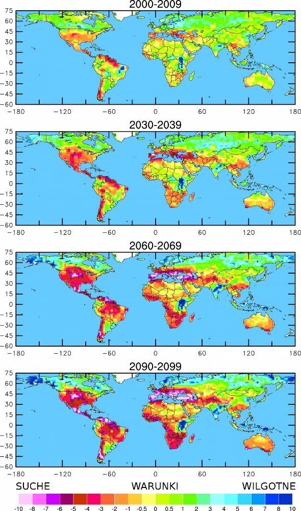 ilustracja przedstawia cztery mapy świata z naniesionymi wartościami wskaźnika susz. Wraz z pogłębiającym się w czasie globalnym ociepleniem widać, że obszarów suchych jest coraz więcej.