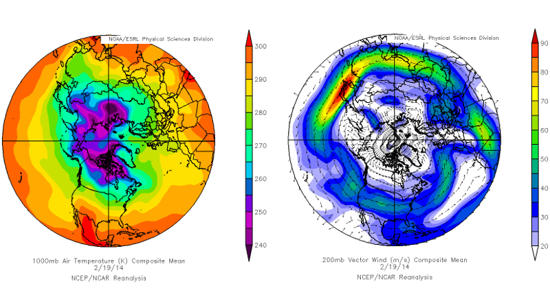 Dwie mapy świata w projekcji biegunowej, na mapie temperatur widać plame chłodu sięgającą nad Amerykę Północną, na mapie wiatrów - meandrujący prąd strumieniowy