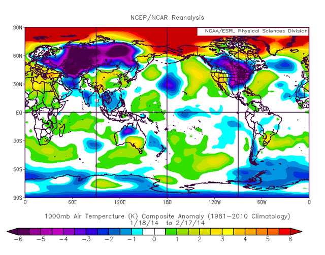Ilustracja przedstawia mapę świata z zaznaczonymi kolorami anomaliami temperatury. widoczne są wysokie dodatnie anomalie temperatury na północy oraz ujemne anomalie w szerokościach umiarkowanych.