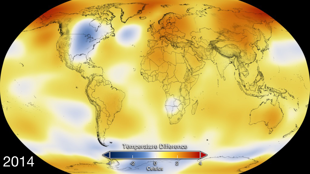 Mapa: temperatura w 2014 (odchylenie od średniej  lat 1951-1980). 