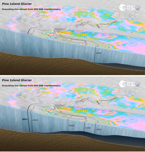 Antarktyda Zachodnia. Lodowiec Pine Island w 1992 i 2011 roku - wizualizacja kształtu lodowca z nałożonymi informacjami o naprężeniach. 