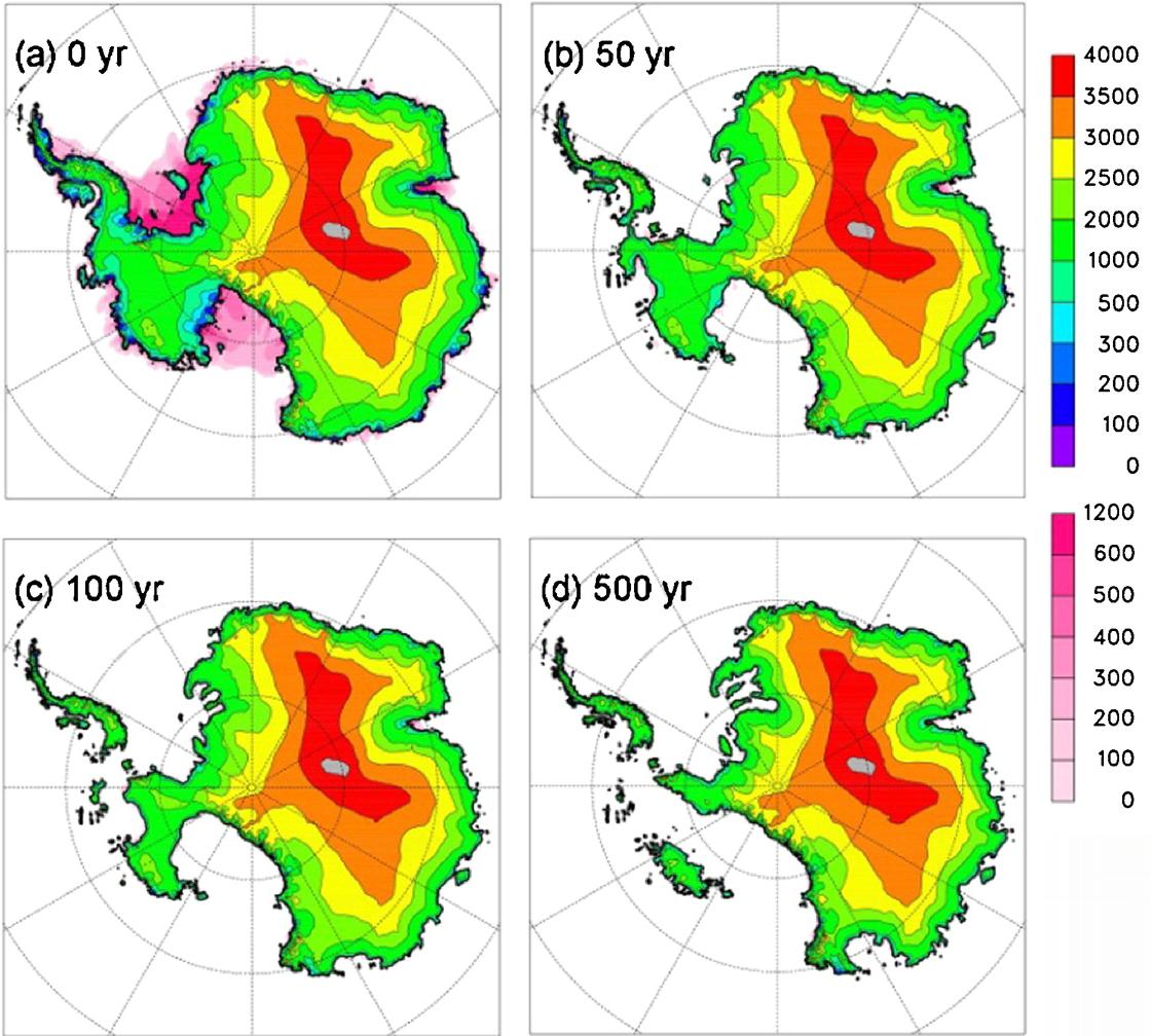 Mapy rozmieszczenia lodu na Antarktydzie po 0, 50, 100 i 500 latach od wzrostu CO2 do poziomu 400 ppm. 