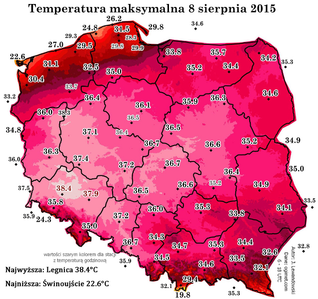 Ilustracja przedstawia mapę Polski pokrytą niemal w całości czerwonymi i fioletowymi plamami, co oznacza temperatury powyzej 30 stopni