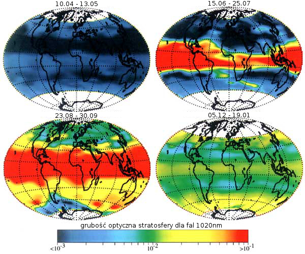 Mapy: grubość optyczna atmosfery przed i po erupcji wulkanu Pinatubo.