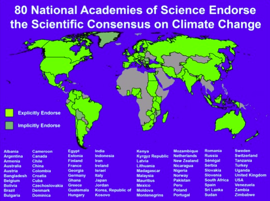 Mapa: Akademie nauk popierajace konsensus w kwestii antropogenicznej zmiany klimatu