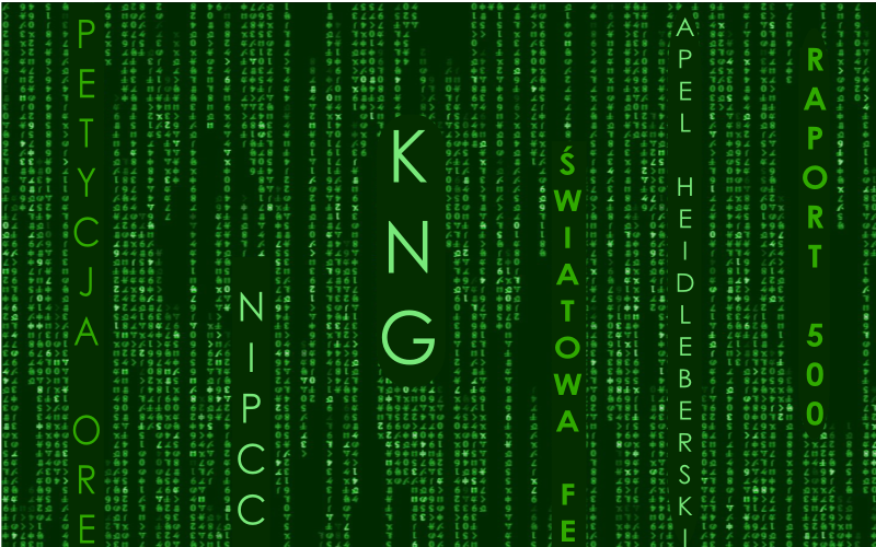 Ilustracja przedstawia zielone literki przewijające się przez ekran w stylu Matrixa, niektóre z nich tworzą skróty, m.in. KNG, NIPCC