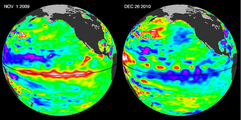 Ilustracja przedstawia dwa obrazy kuli ziemskiej, w centrum widać Pacyfik i ewidenetnie wyróżnione kolorem obszary anomalii poziomu morza