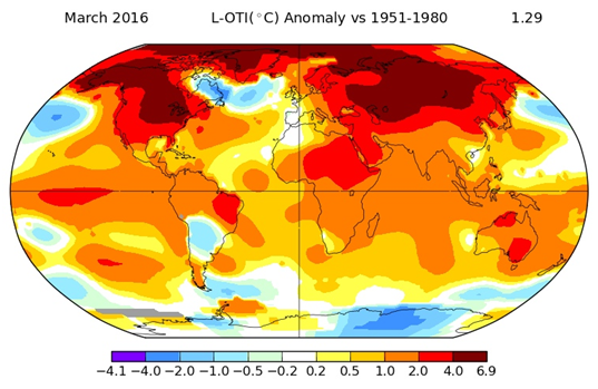 Marzec 2016: mapa anomalii temperatury powierzchni Ziemi względem średniej z lat 1951-1980.