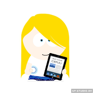 Obrazek przedstawia blondwłosą dziewczynkę z tabletem w ręku