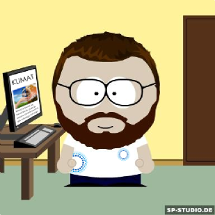 obrazek przedstawia ludzika z brodą i w okularach, w koszulce Nauki o klimacie, przy komputerze 