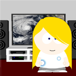 obrazek przedstawia ludzika płci żeńskiej z długimi blond włosami i w koszulce nauki o klimacie, w tle telewizor ze zjęciem huraganów