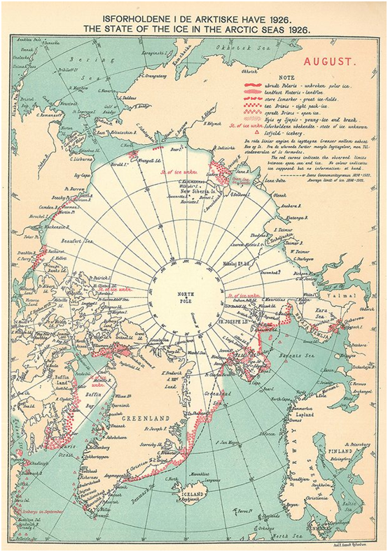 Mapa: zasięgu lodu morskiego w sierpniu 1926.