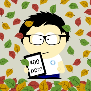 ilustracja przedstawia ludzika w koszulce Nauki o klimacie, trzymającego w ręku tablet z wyświetlonym napisem "400ppm", wokół jesienne liście