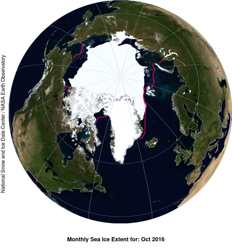 Arktyka 2016: Zasięg lodu morskiego w październiku 2016. 