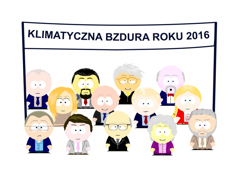 rysunek przedstawia grupę rysunkowych ludzików z transparentem Klimatyczna bzdura roku 2016