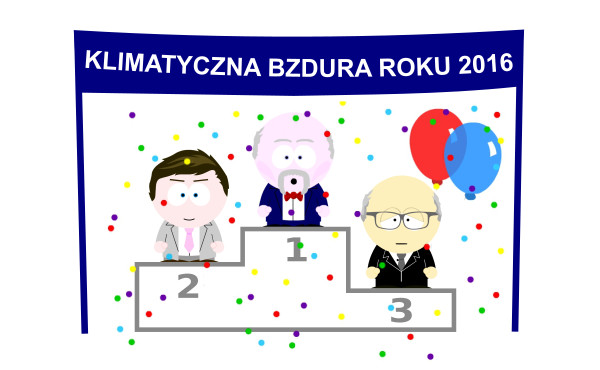 rysunek przedstawia podium, na którym stoją rysunkowe ludiki wyobrażające Janusza Korwina-Mikke, Tomasza Teluka i Janusza Sowę
