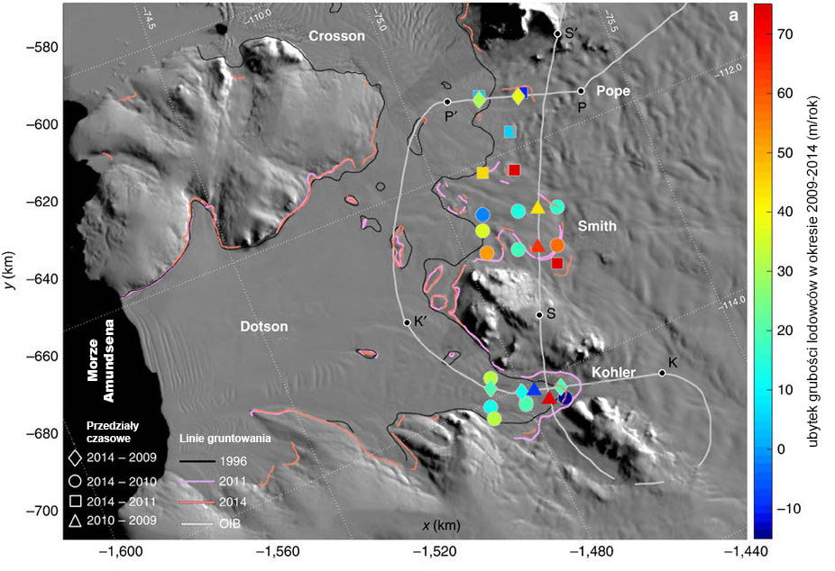 Lodowce szelfowe Antarktydy - zdjęcie satelitarne z zaznaczonymi liniami gruntowania i in.