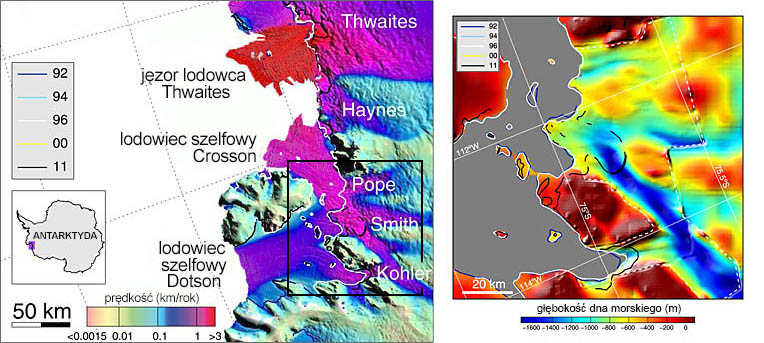 Mapy: lodowce szelfowe Antarktydy Zachodniej i ich prędkości spływania oraz głębokość dna morskiego.