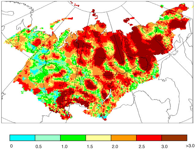 Mapa: prognozowane zmiany temperatury gleby latem na Syberii.