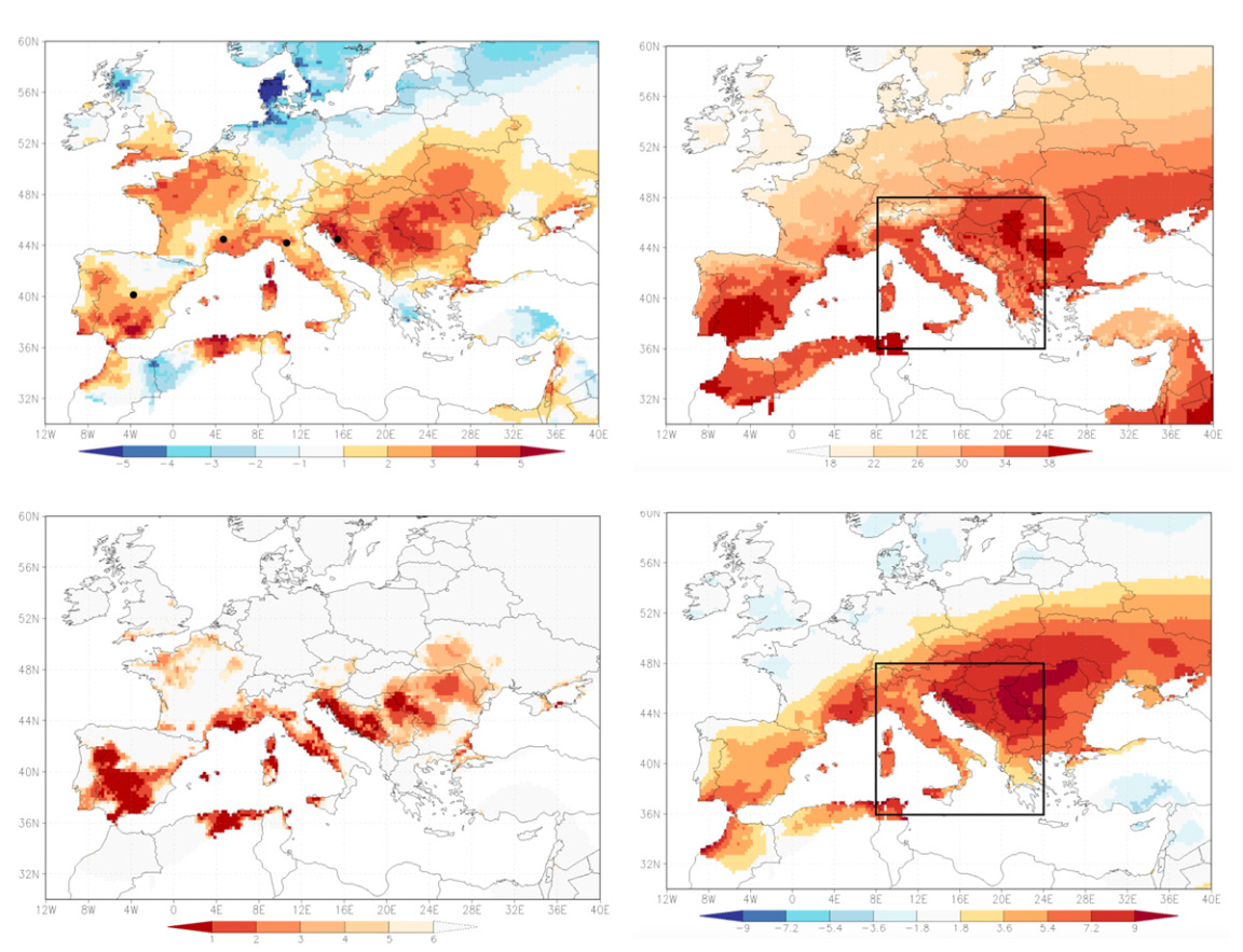 Klimat 2017. Zestaw map Europy pokazujący warunki w roku 2017 na tle średnich wieloletnich oraz temperatury podczas fali upałów w  sierpniu 2017.