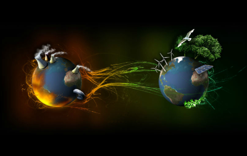 Kalkulator śladu węglowego - ekran powitalny. Ilustracja przedstawia dwie kule ziemskie z umieszczonymi na nich symbolicznymi przesadzonymi elementami. Po lewej dymiące kominy, po prawej drzewa, wiatraki i baterie słoneczne. Obie Ziemie łączy fantazyjna wiązka nici