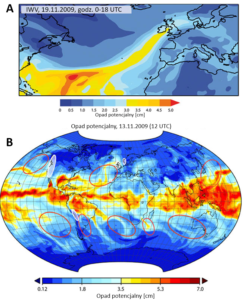 Rzeka atmosferyczna - przykład. May pokazujące przykładowe pasma wilgotnego powietrza płynące w stronę umiarkowancyh szerokości geograficznych. 