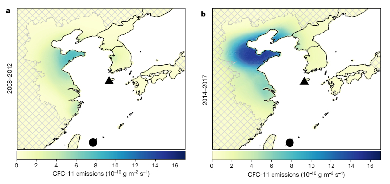 Substancje niszczące ozon: mapy pokazujące emisje CFC-11 w Chinach. 