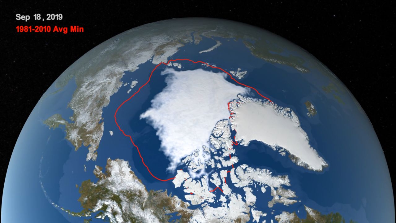 Lód arktyczny 2019: mapa zasięgu lodu w czasie wrześniowego minimum. 